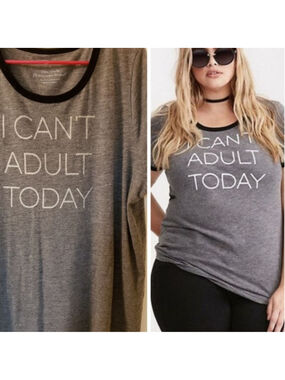 Plus Size Torrid "I Can't Adult Today" Short Sleeve Ringer Tee 1X Gray Black
